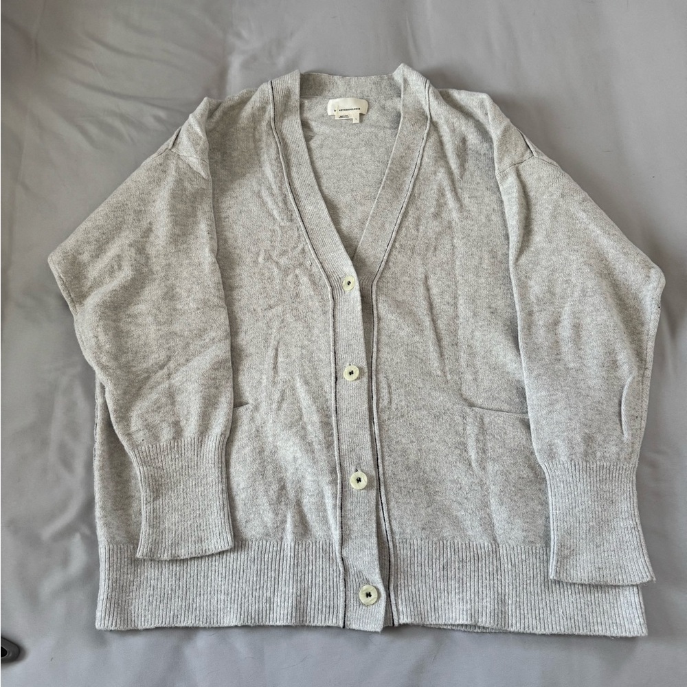 Anthropologie Light Gray V-Neck Button Front Cardigan